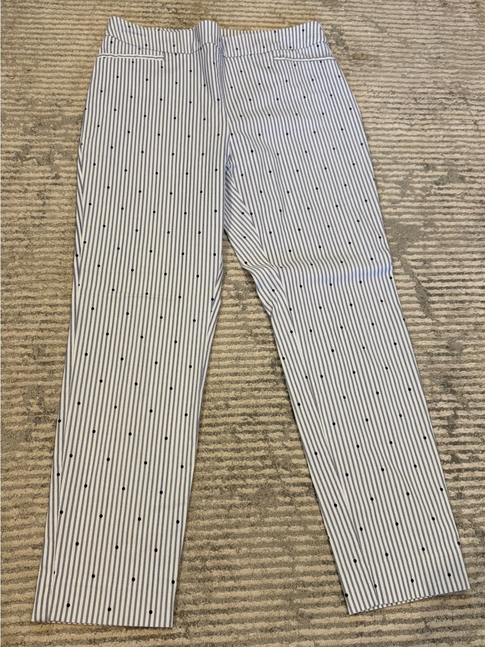 Chico’s White Pants with Navy Pinstripes and Navy Dot Detail